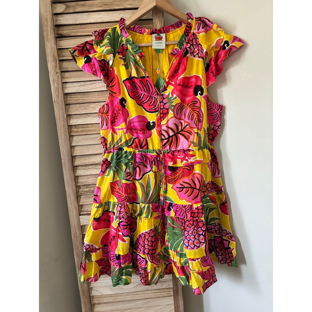 Farm Rio Fruit Dream Ruffle Mini Dress Yellow Tropical Beaded Tassels NWT L